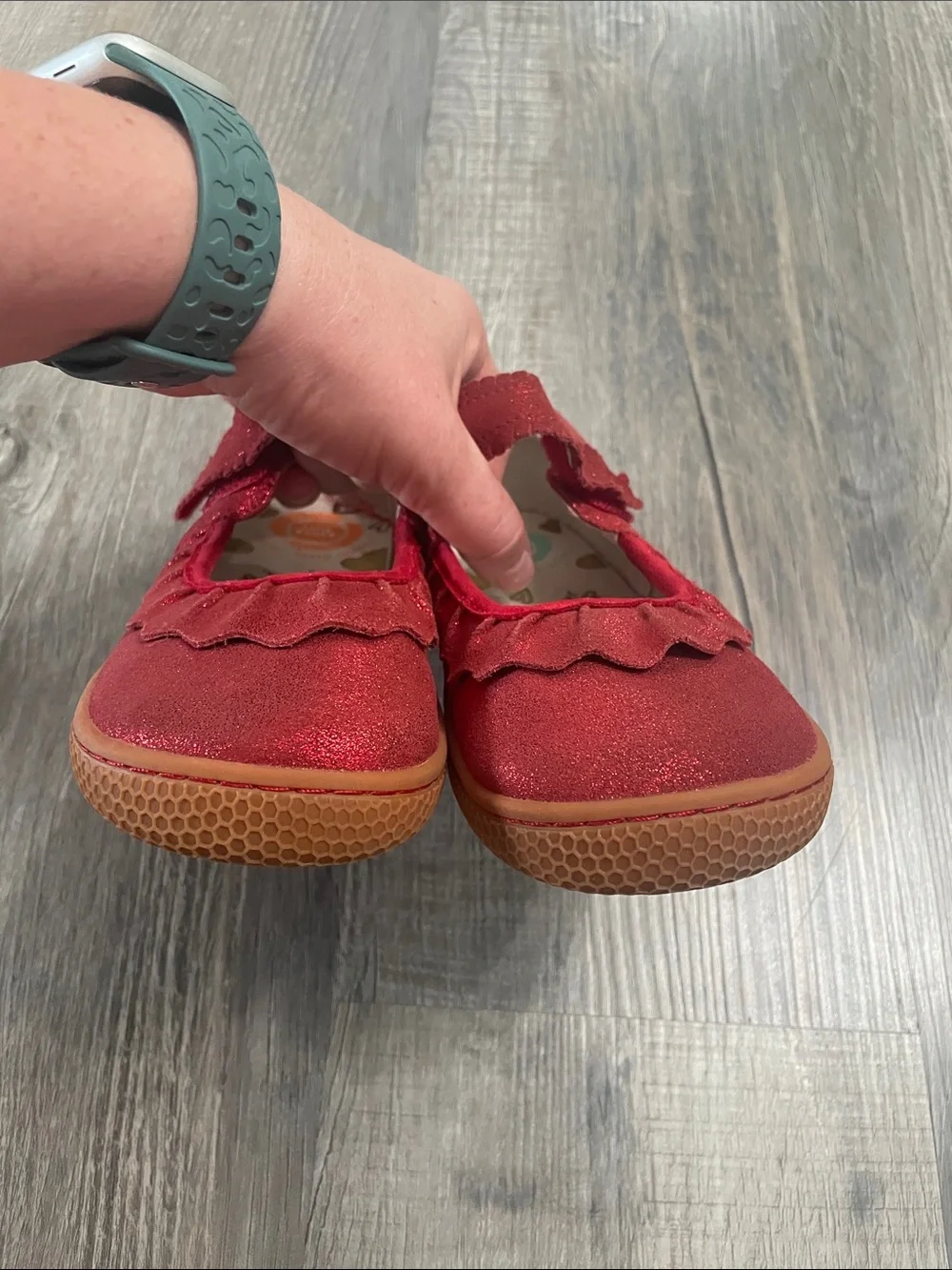 Livie & Luca Red Sparkle Mary Jane Shoes with Ruffle Strap